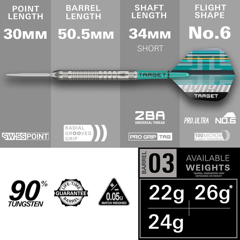 Target Darts مجموعة سهام هيدرو ستيل تيب، 21G/22G/23G/24G/25G/26G (برميل 01/02/03) | سهام تنگستن 90%، رؤوس سويسرية فضية، أعمدة برو جريب وتاج وأجنحة برو الترا رقم 6، أداة SP متضمنة - Image 2